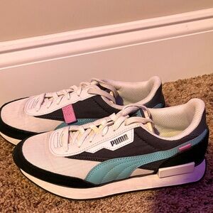 Puma White and Aqua Sneakers with Pink Detail
